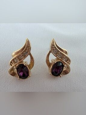 Gold Tone Earrings with Purple Stone - Avon